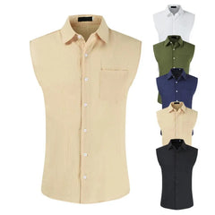 Men Shirt Blouses Summer Top Sleeveless Shirt Casual Tops Single Breasted Solid Color Summer Sleeveless Lapel Top Man Shirt