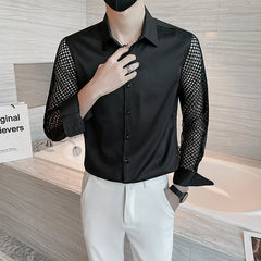 Shirts & Blouses Fashion Hollow Lace Spliced Men's Shirts Long Sleeve Korean Luxury Clothing Slim Fit Shirts For Men Tuxedo 3XL