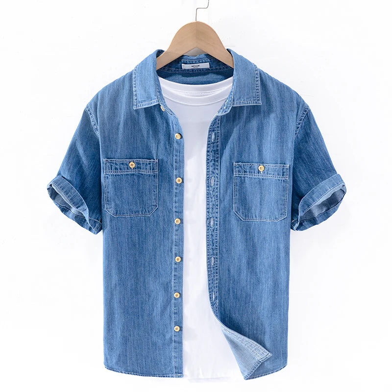 100% Cotton short sleeved summer denim shirt men fashion blue shirts for men brand casual shirt mens comfortable chemise camisa