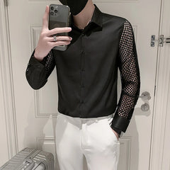 Shirts & Blouses Fashion Hollow Lace Spliced Men's Shirts Long Sleeve Korean Luxury Clothing Slim Fit Shirts For Men Tuxedo 3XL