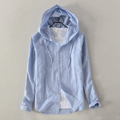 New men's cotton and linen casual hooded long-sleeved shirt solid sky blue shirts men fashion top male camisa masculina chemise