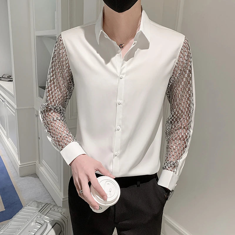 Shirts & Blouses Fashion Hollow Lace Spliced Men's Shirts Long Sleeve Korean Luxury Clothing Slim Fit Shirts For Men Tuxedo 3XL