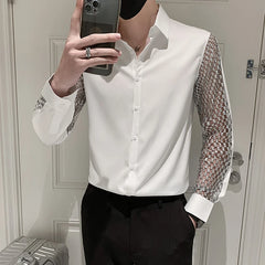 Shirts & Blouses Fashion Hollow Lace Spliced Men's Shirts Long Sleeve Korean Luxury Clothing Slim Fit Shirts For Men Tuxedo 3XL