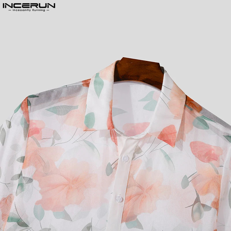 2024 Men Shirt Flower Printing Mesh Transparent Lapel Short Sleeve Men Clothing Streetwear Casual Camisas S-5XL INCERUN Summer