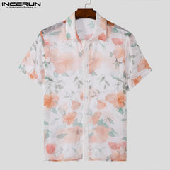 2024 Men Shirt Flower Printing Mesh Transparent Lapel Short Sleeve Men Clothing Streetwear Casual Camisas S-5XL INCERUN Summer