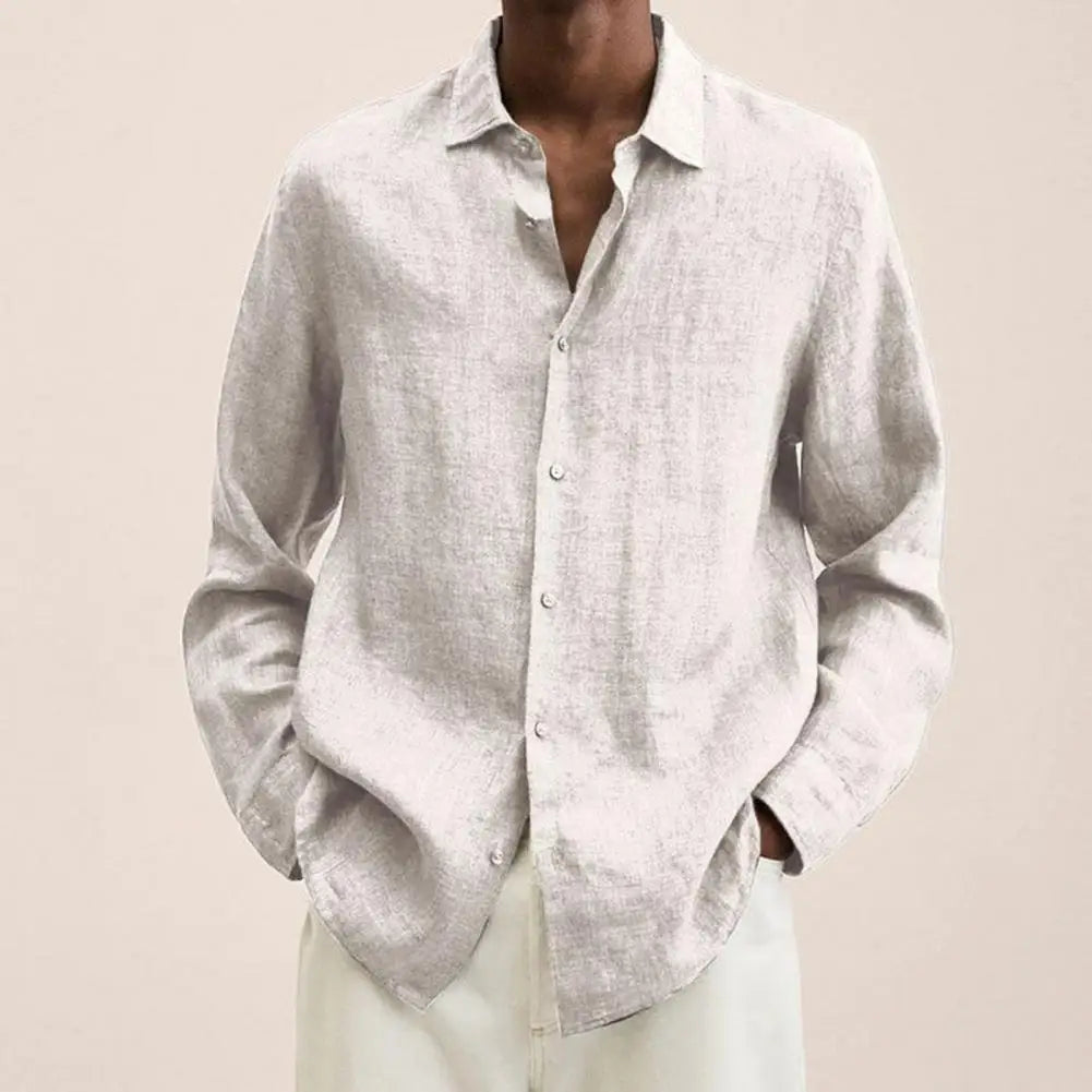 2022 Spring Summer Men's Breathable Casual Cotton Linen Solid Colors Turn-down Collar Long Sleeve Button Shirts Loose Blouse