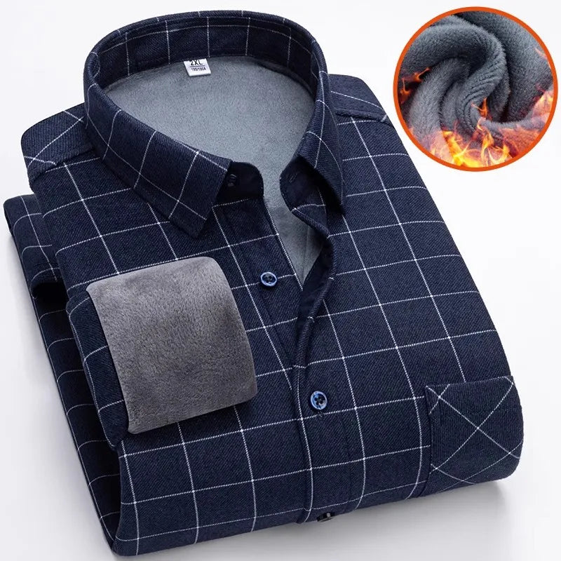 Winter New Plaid Long-sleeved Shirt Men's Single-breasted Square Collar Padded Shirts Fashion Slim Camisa Male Chemise L-5XL