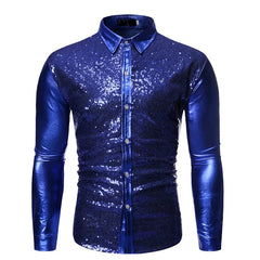 Men's Sequins Hot Gold Shirt Solid Color Long Sleeve Standing Collar Button Tops Nightclub Prom Performance Wedding Party Shirt