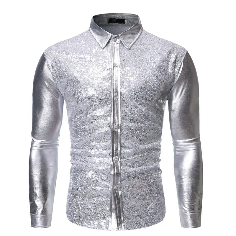 Men's Sequins Hot Gold Shirt Solid Color Long Sleeve Standing Collar Button Tops Nightclub Prom Performance Wedding Party Shirt