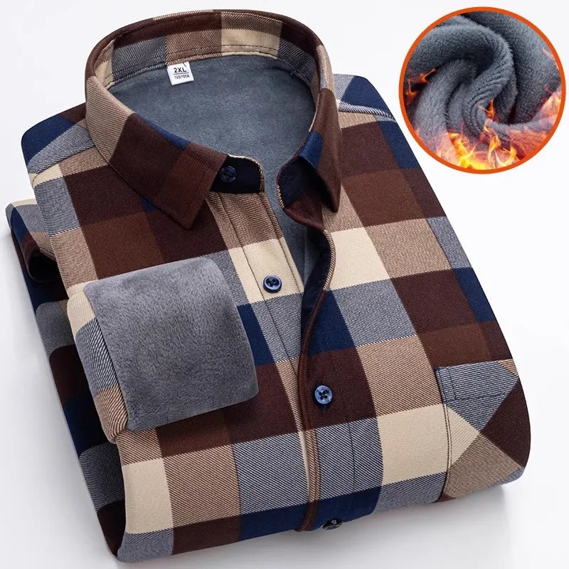 Winter New Plaid Long-sleeved Shirt Men's Single-breasted Square Collar Padded Shirts Fashion Slim Camisa Male Chemise L-5XL