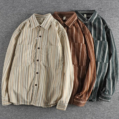 Vintage Woven Stripe Material Leisurely Men's Shirt Autumn Daily Street-style Versatile Young Loose Shirt Coat