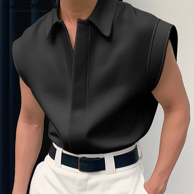 INCERUN Tops 2024 Korean Style Handsome Men's Simple Shirts Stylish Streetwear Solid Well Fitting Lapel Sleeveless Blouse S-5XL