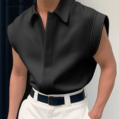 INCERUN Tops 2024 Korean Style Handsome Men's Simple Shirts Stylish Streetwear Solid Well Fitting Lapel Sleeveless Blouse S-5XL