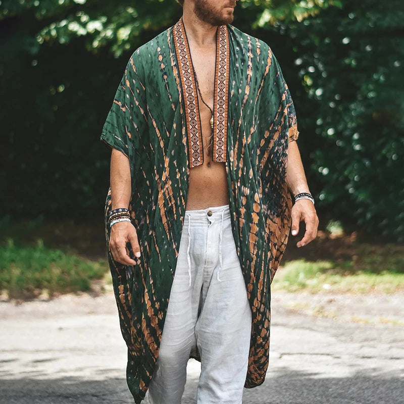 Holiday Beach Long Shawl 2023 Streetwear Casual Pattern Print Half Sleeve  Beach Cloak Top Men Clothing Summer Outside Outwear