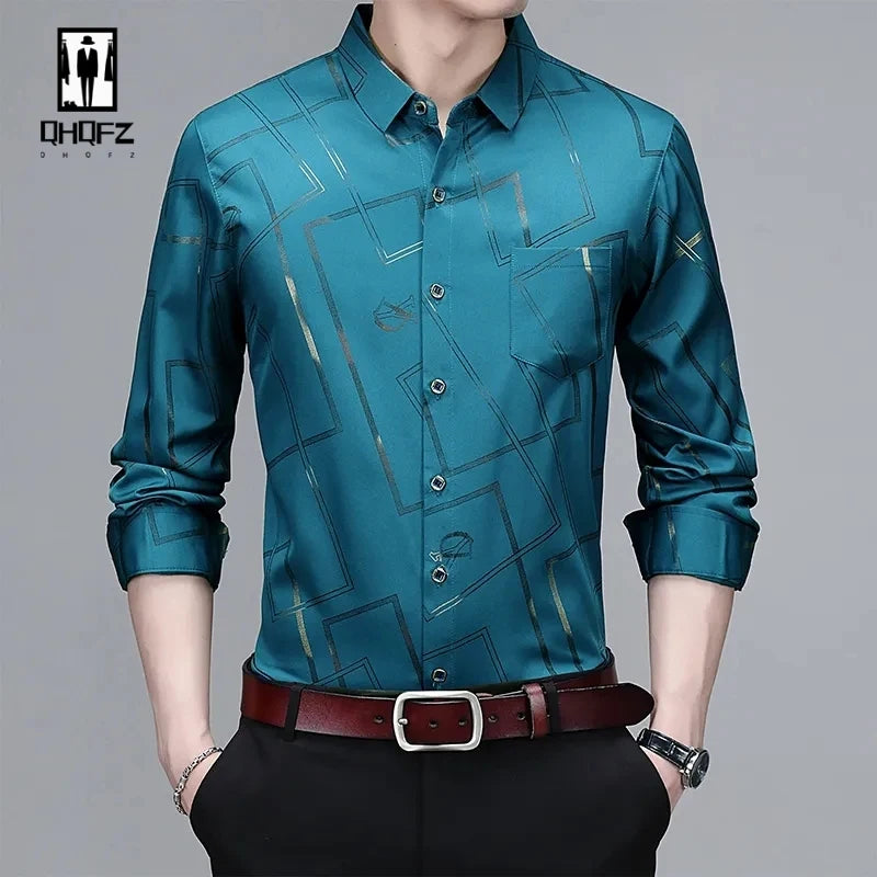 Men's Printed Long Sleeved Shirt with a Flip Collar and Slim Fit, Daily Business Men's Clothing, Men's Easy Care Shirt