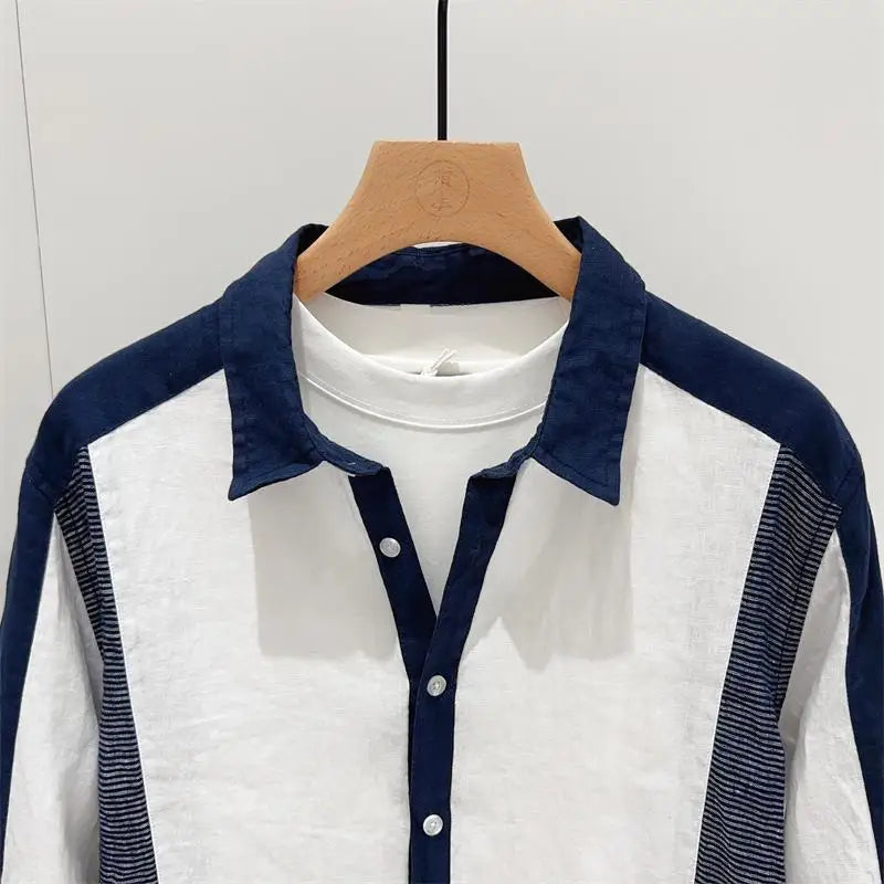 2024 New Summer Korean Fashion Trend Versatile Loose Casual Lapel Contrasting Cotton and Linen Medium Sleeved Shirt for Men