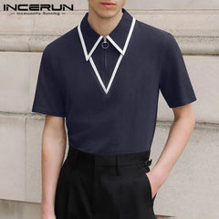 INCERUN Men's Shirt Patchwork Lapel Short Sleeve Zipper Casual Male Shirts Streetwear Summer 2024 Fashion Leisure Men Clothing