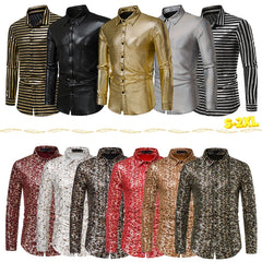 2022 New Men's  Bronzing Long Sleeve Button Down Lapel Shirt Disco Party Christmas Ball Costume  Camisa