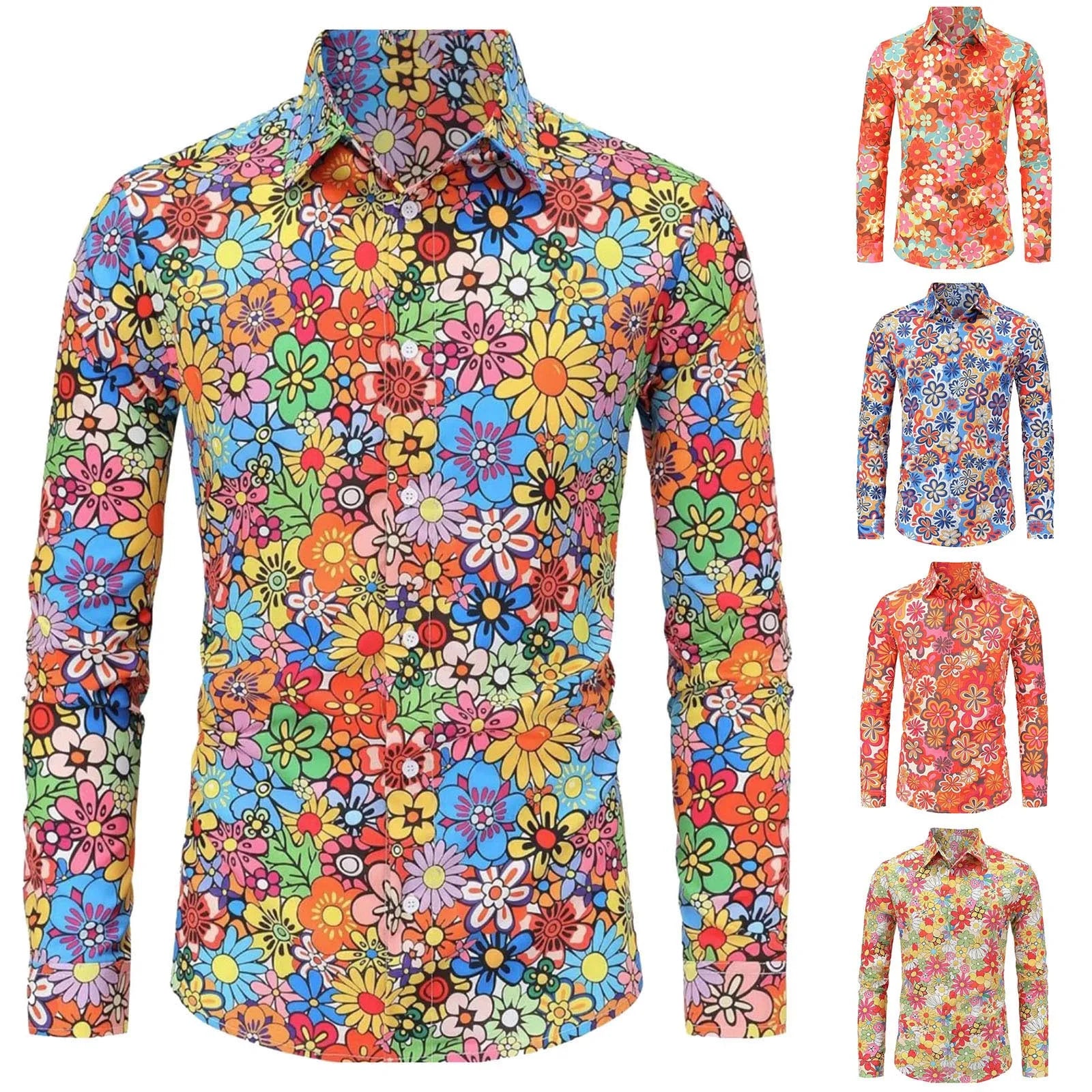 Halloween Hippie Men'S 70s Disco Hip Hop Button Flower Retro Long Sleeve Shirt New Men'S Casual Blouse