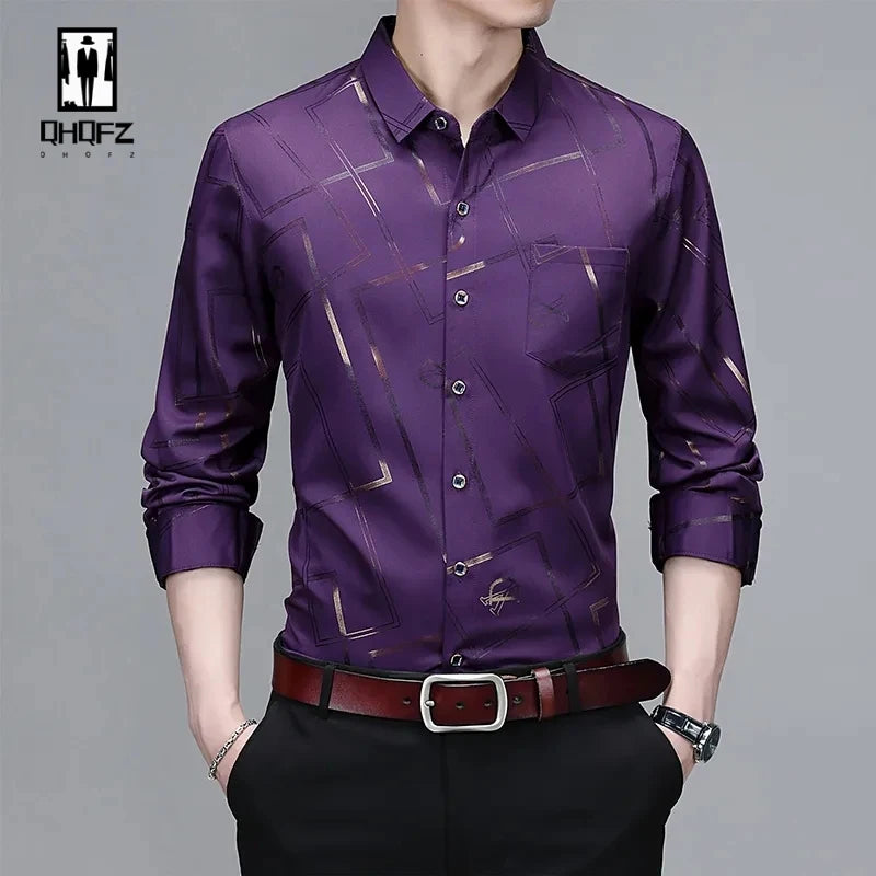 Men's Printed Long Sleeved Shirt with a Flip Collar and Slim Fit, Daily Business Men's Clothing, Men's Easy Care Shirt