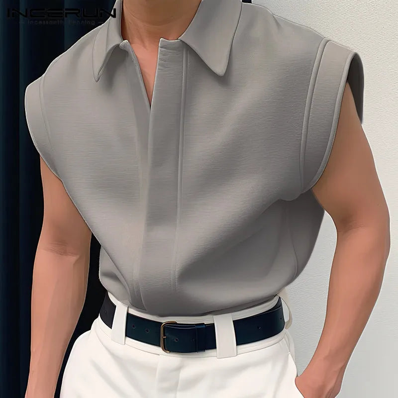 INCERUN Tops 2024 Korean Style Handsome Men's Simple Shirts Stylish Streetwear Solid Well Fitting Lapel Sleeveless Blouse S-5XL