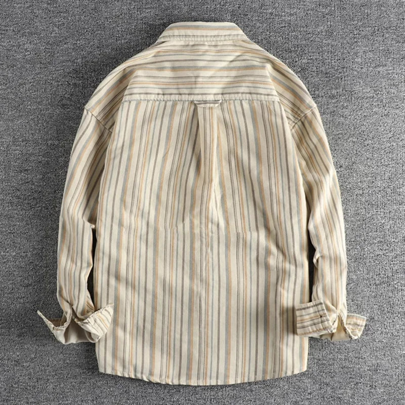 Vintage Woven Stripe Material Leisurely Men's Shirt Autumn Daily Street-style Versatile Young Loose Shirt Coat