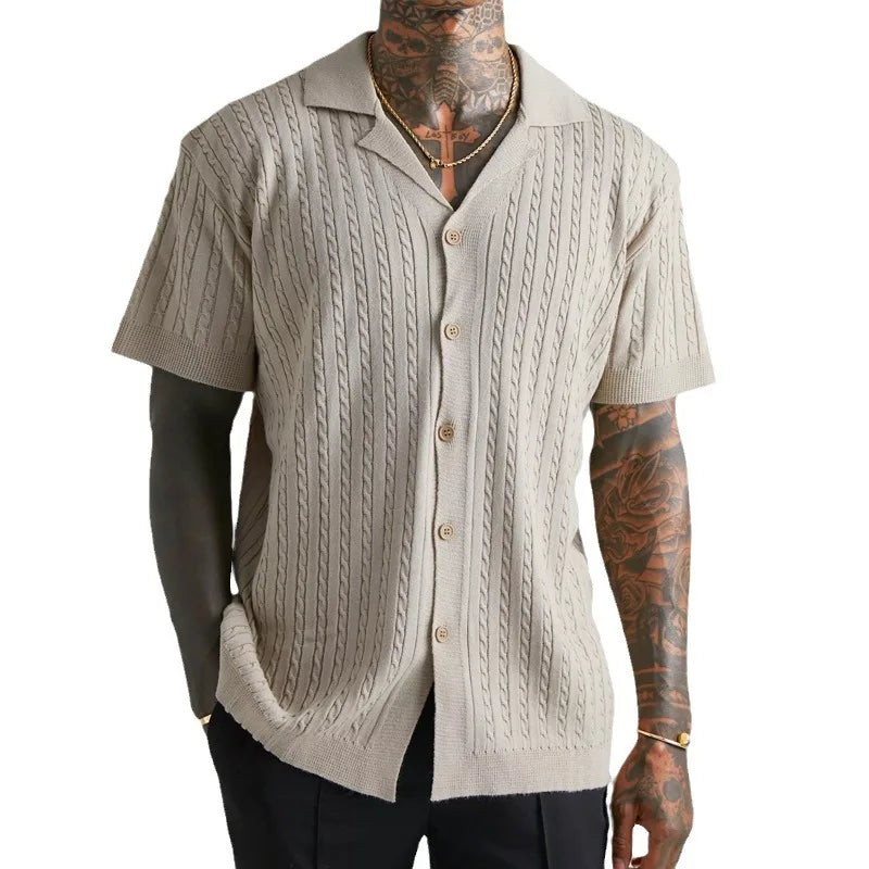 Mens Top Knitted Button Short-sleeved Shirt Summer Breathable Short-sleeved Shirt for Men