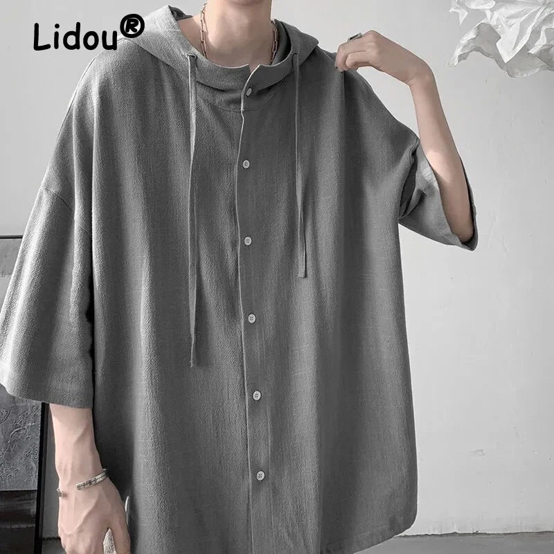 Summer Japanese Style Vintage Oversized Harajuku Shirt Men Casual Loose Hooded Blouse All Match Fashion Streetwear Male Clothes