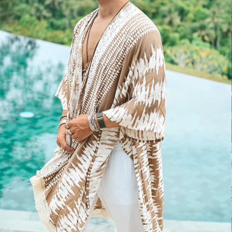 Holiday Beach Long Shawl 2023 Streetwear Casual Pattern Print Half Sleeve  Beach Cloak Top Men Clothing Summer Outside Outwear