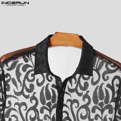 INCERUN Men Shirt Lace Lapel Short Sleeve Streetwear Transparent Men Clothing Summer Fitness 2024 Fashion Party Camisas S-5XL