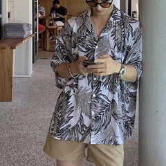 Soft  Stylish Summer Tropical Leaves Printed Hawaiian Shirt Sweat Absorbing Beach Shirt Lapel   Streetwear