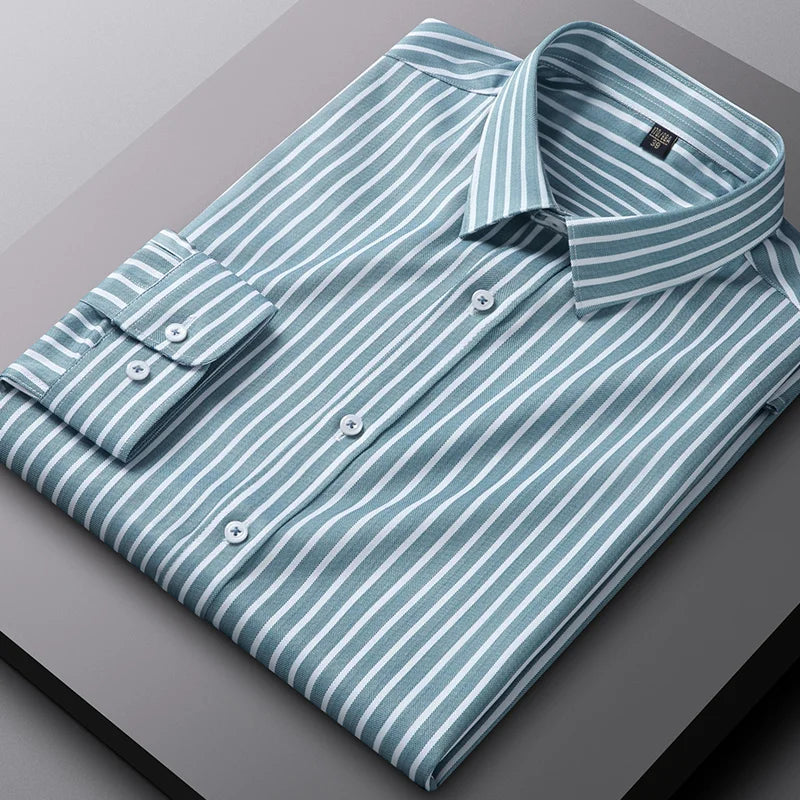 New in shirt striped lomg-sleeve shirts for men slim fit formal plain shirt soft england style office tops wrinkle free clothes