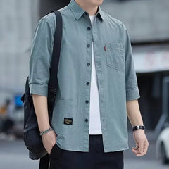 Casual Short Sleeve Men's Shirt Korean Trendy Seven Point Collar Summery Streetwear Jacket Japanese Style Top For Men