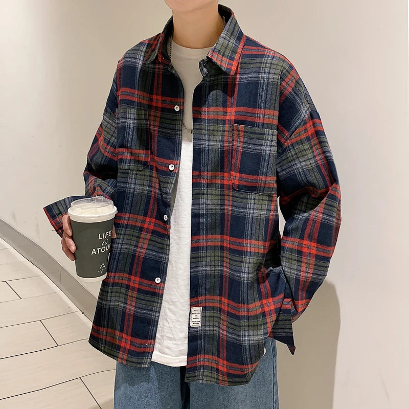 Harajuku Long Sleeve Plaid Shirts Men Big Size M-5XL Autumn Chic Loose Vintage High Street All-match Gentleman Camisa