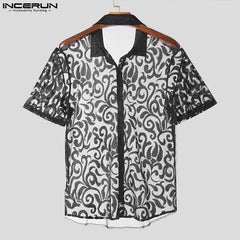 INCERUN Men Shirt Lace Lapel Short Sleeve Streetwear Transparent Men Clothing Summer Fitness 2024 Fashion Party Camisas S-5XL