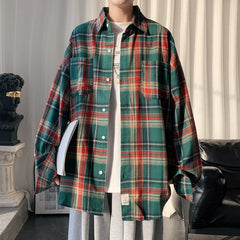 Harajuku Long Sleeve Plaid Shirts Men Big Size M-5XL Autumn Chic Loose Vintage High Street All-match Gentleman Camisa