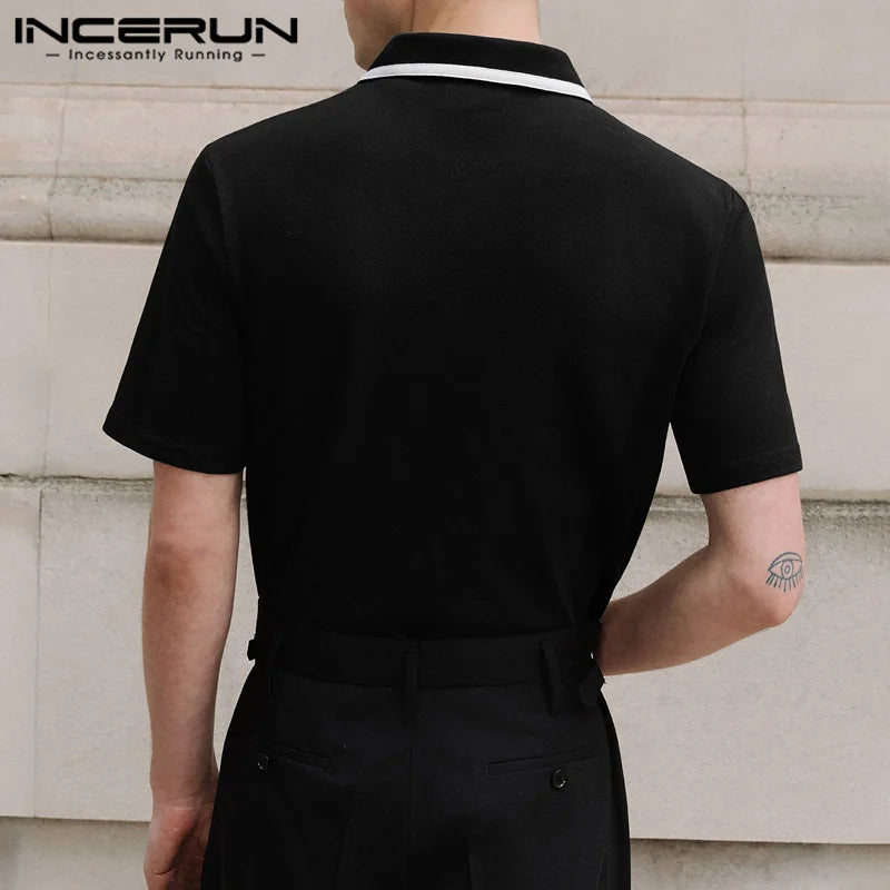 INCERUN Men's Shirt Patchwork Lapel Short Sleeve Zipper Casual Male Shirts Streetwear Summer 2024 Fashion Leisure Men Clothing