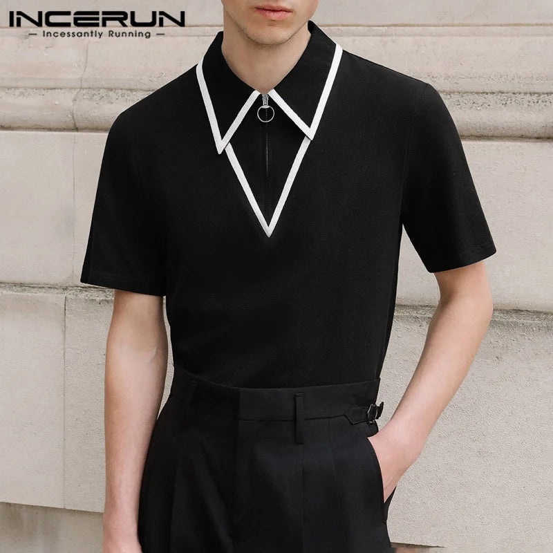 INCERUN Men's Shirt Patchwork Lapel Short Sleeve Zipper Casual Male Shirts Streetwear Summer 2024 Fashion Leisure Men Clothing