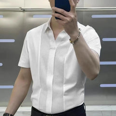 Men Summer Shirt Short Sleeves Turn-down Collar Solid Color Slim Fit Patchwork Soft Breathable Formal Business Style Men Top