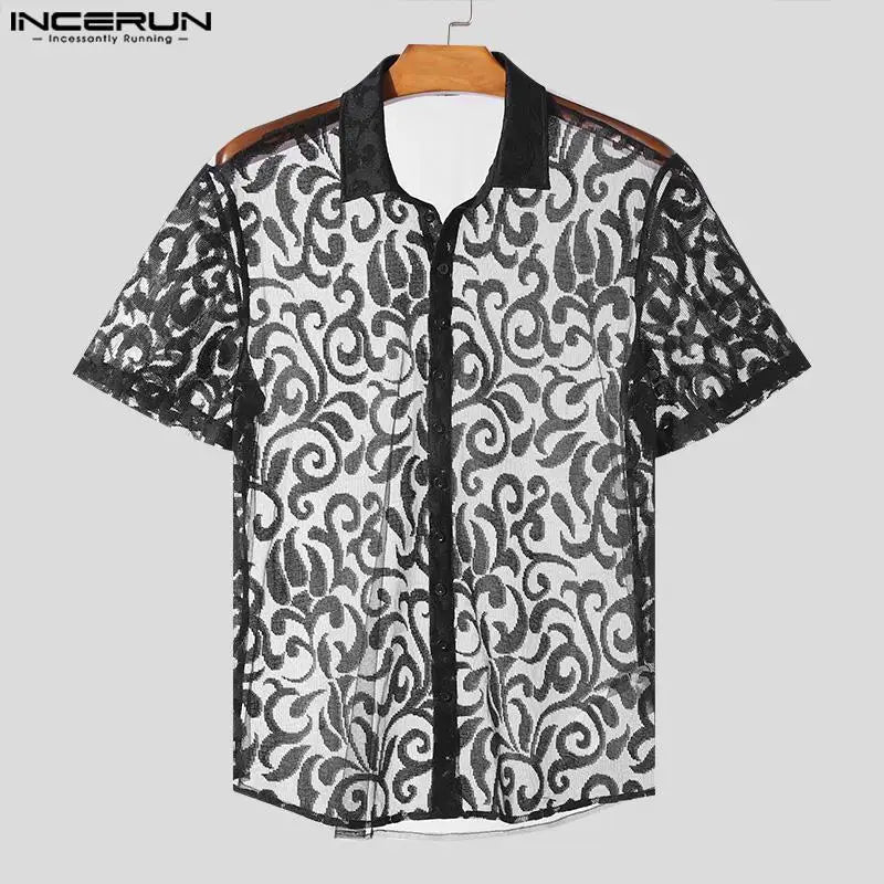 INCERUN Men Shirt Lace Lapel Short Sleeve Streetwear Transparent Men Clothing Summer Fitness 2024 Fashion Party Camisas S-5XL