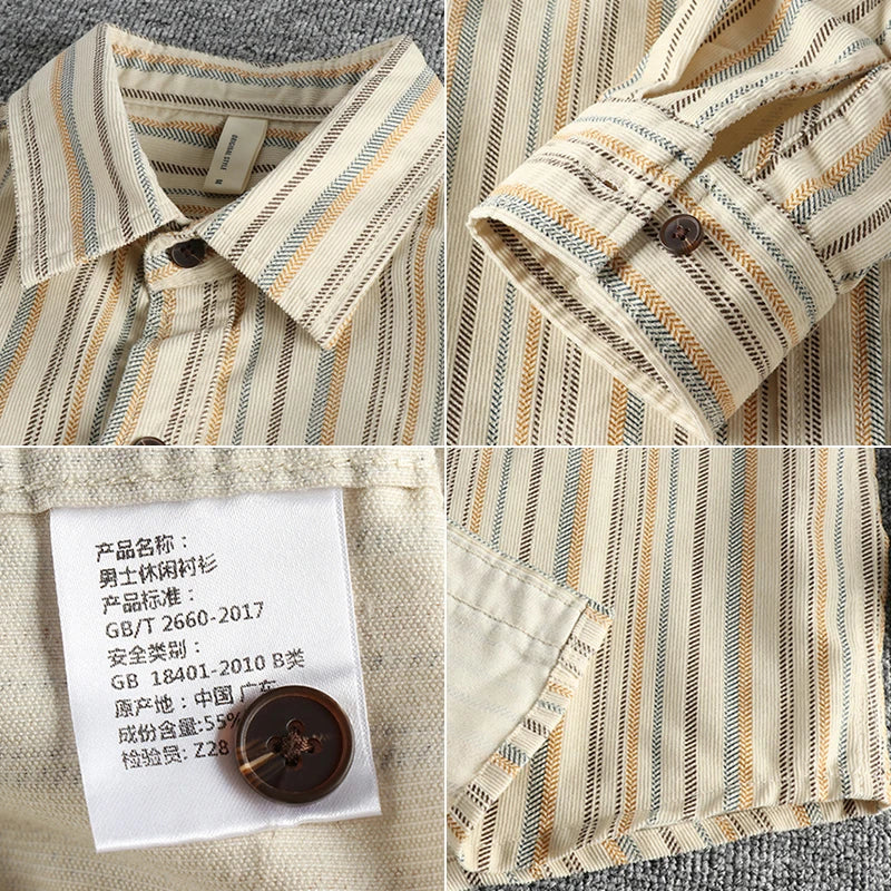 Vintage Woven Stripe Material Leisurely Men's Shirt Autumn Daily Street-style Versatile Young Loose Shirt Coat