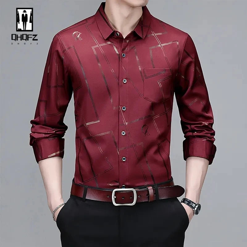 Men's Printed Long Sleeved Shirt with a Flip Collar and Slim Fit, Daily Business Men's Clothing, Men's Easy Care Shirt