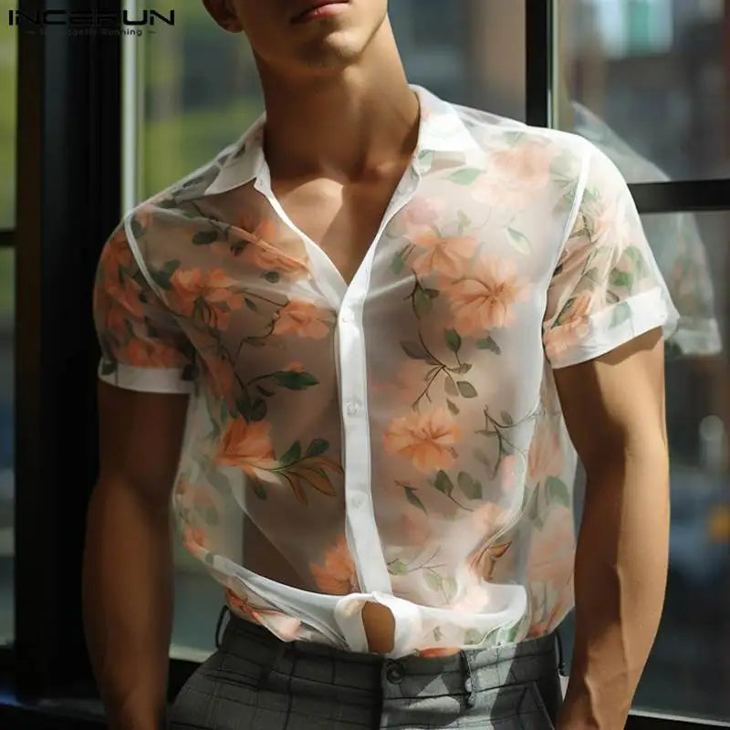 2024 Men Shirt Flower Printing Mesh Transparent Lapel Short Sleeve Men Clothing Streetwear Casual Camisas S-5XL INCERUN Summer