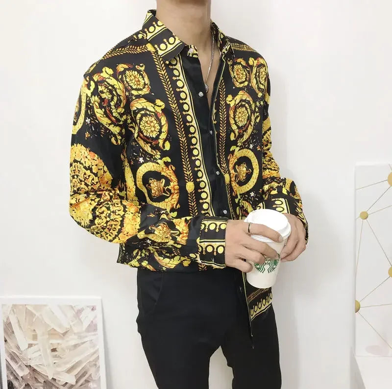 2023 New Fashion Men's Dress Shirts Hipster Long Sleeve Fancy Luxury Design Baroque Floral Print Wedding Party Prom Shirts