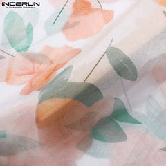 2024 Men Shirt Flower Printing Mesh Transparent Lapel Short Sleeve Men Clothing Streetwear Casual Camisas S-5XL INCERUN Summer