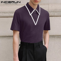 INCERUN Men's Shirt Patchwork Lapel Short Sleeve Zipper Casual Male Shirts Streetwear Summer 2024 Fashion Leisure Men Clothing