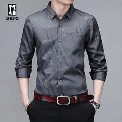 Men's Printed Long Sleeved Shirt with a Flip Collar and Slim Fit, Daily Business Men's Clothing, Men's Easy Care Shirt