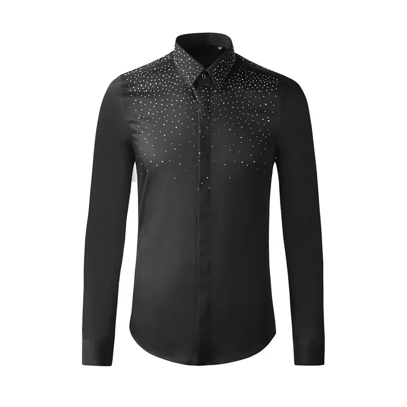 Czech Rhinestone Shirt Men's Long-sleeved Slim Casual Bottoming Shirt Nightclub Clothing Social Party Stage Singer Chemise Homme