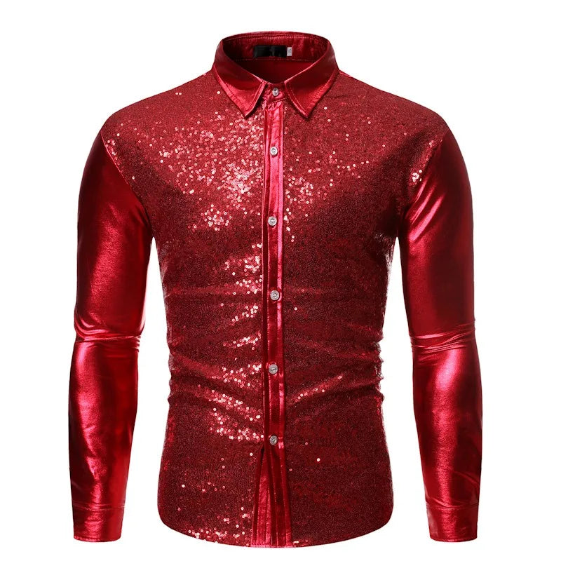 Men's Sequins Hot Gold Shirt Solid Color Long Sleeve Standing Collar Button Tops Nightclub Prom Performance Wedding Party Shirt