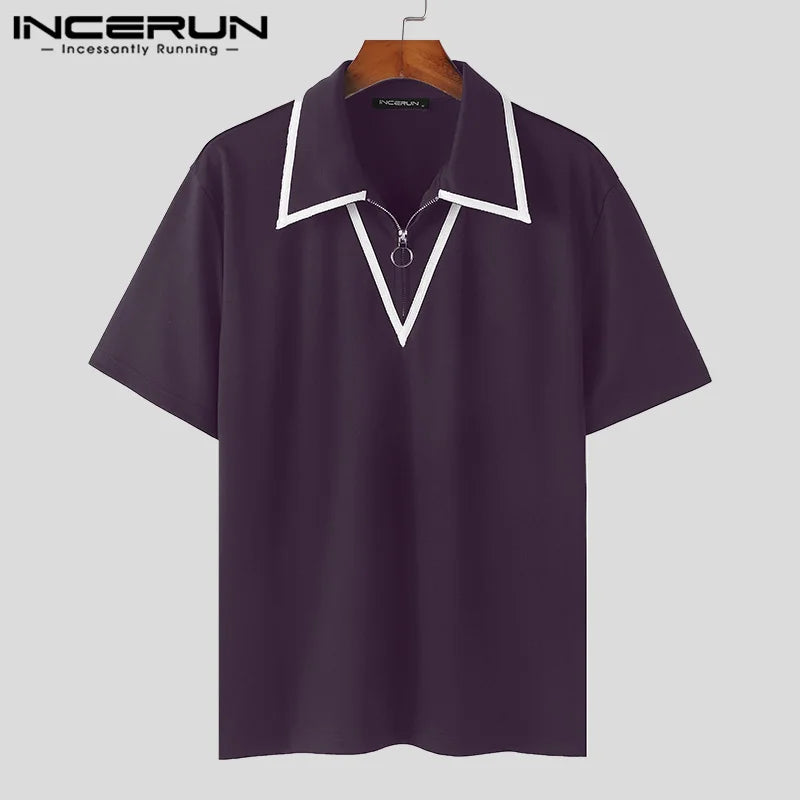 INCERUN Men's Shirt Patchwork Lapel Short Sleeve Zipper Casual Male Shirts Streetwear Summer 2024 Fashion Leisure Men Clothing